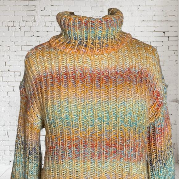 Vtg RD Style Sweater Y2K Sz Small 42" Bust Rainbow Chunky Knit Cowl Neck Ribbed - Picture 3 of 10